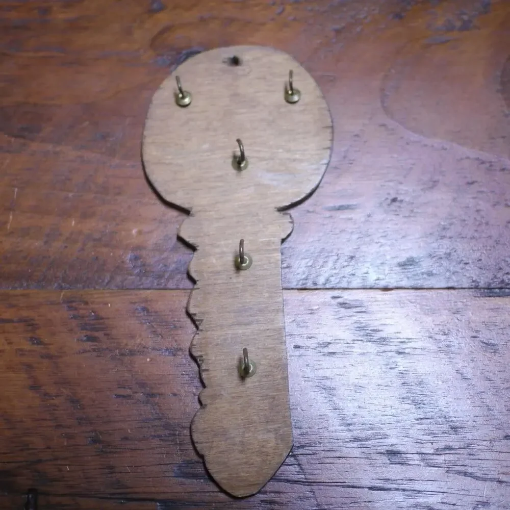 Vintage Handmade Wooden Wall Hanging 5 Hooks Key Holder Organizer 9.25”